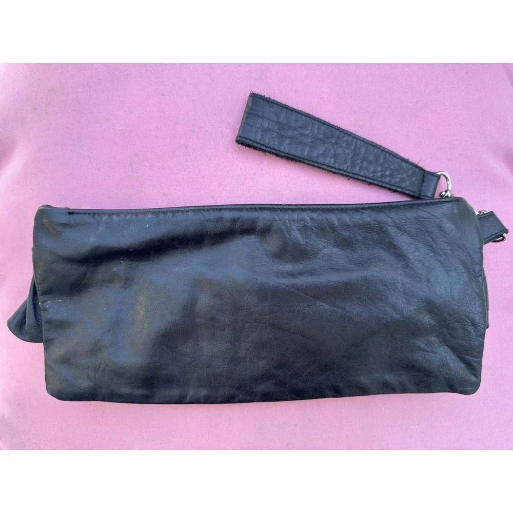 Y2K Cammie Hill‎ Black Leather Ruched Wristlet Clutch Bag 10.5